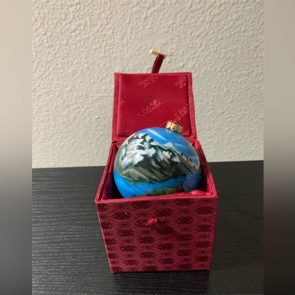 CHASE Maligne Lake Jasper Canada Reverse Hand Painted Glass Christmas Ornament